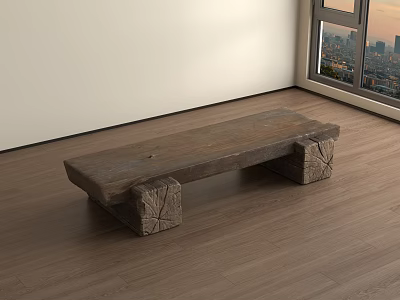 Rustic Long Wooden Stool With Carved Square Legs On Wooden Floor By Window City View 3d model