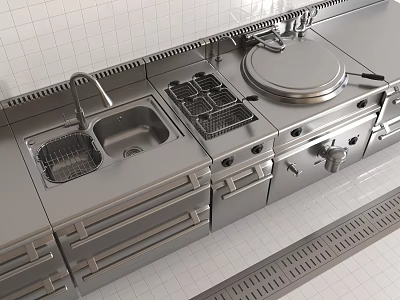 Modern Stainless Steel Kitchenware With Sink Stove And Drawers In Kitchen 3d model