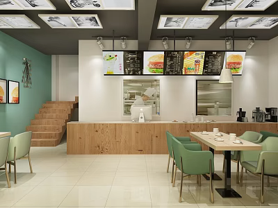Modern Café Interior Design With Wooden Counter Green Chairs Dining Tables And Menu Screens 3d model