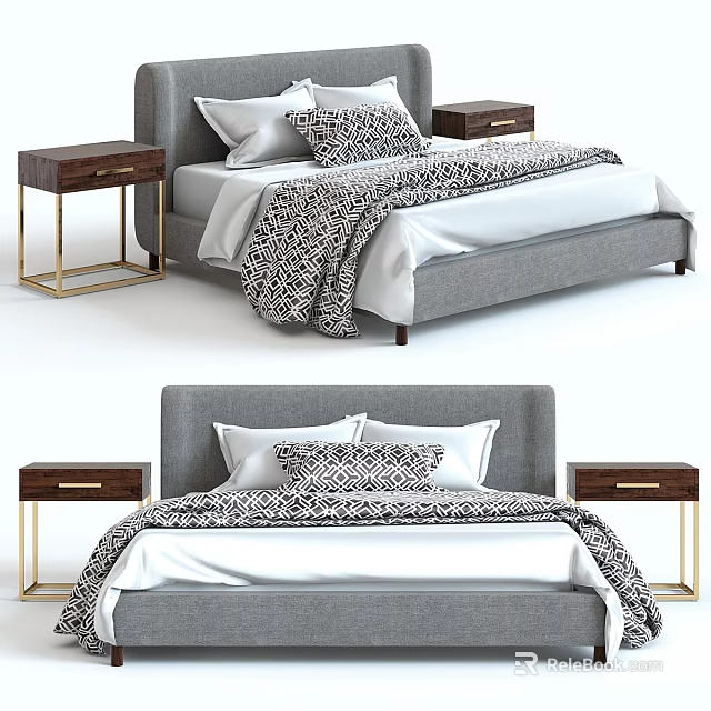 Elegant Grey Bed With Gold Leg Nightstands White Linens And Patterned Blanket 3d model 