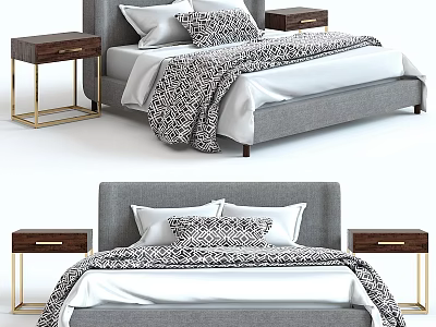 Elegant Grey Bed With Gold Leg Nightstands White Linens And Patterned Blanket 3d model