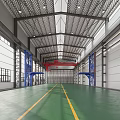 Industrial Warehouse Interior With Red Crane Green Floor Yellow Lines Blue Supports And Metal Roof
