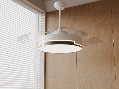 Modern White Ceiling Fan Light Interior With Transparent Blades And Wooden Wall 3d model