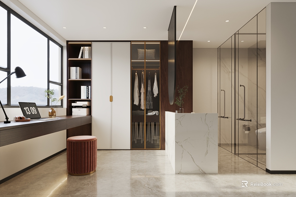 Modern Walk In Closet With Glass Doors And Hanging Clothes 3d model 
