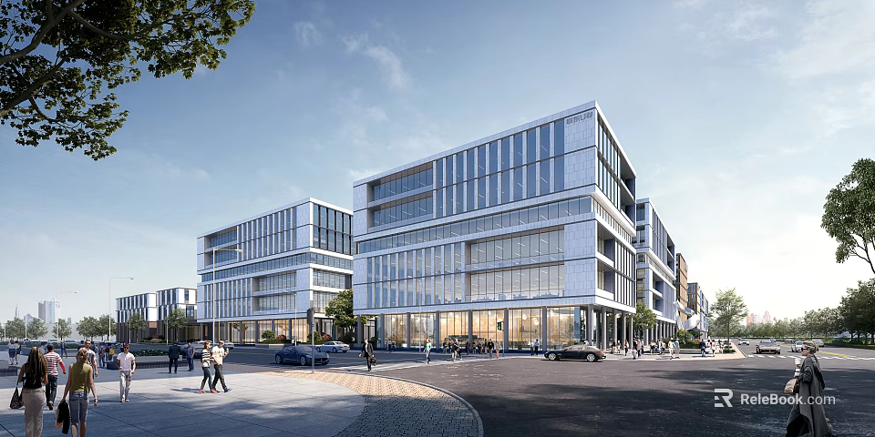 Modern Urban Commercial Street With Glass Facade Buildings And Bustling Pedestrian Vehicle Traffic 3d model 