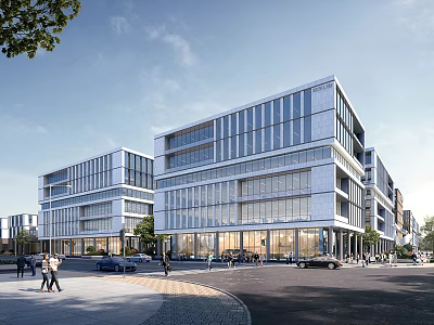 Modern Urban Commercial Street With Glass Facade Buildings And Bustling Pedestrian Vehicle Traffic 3d model