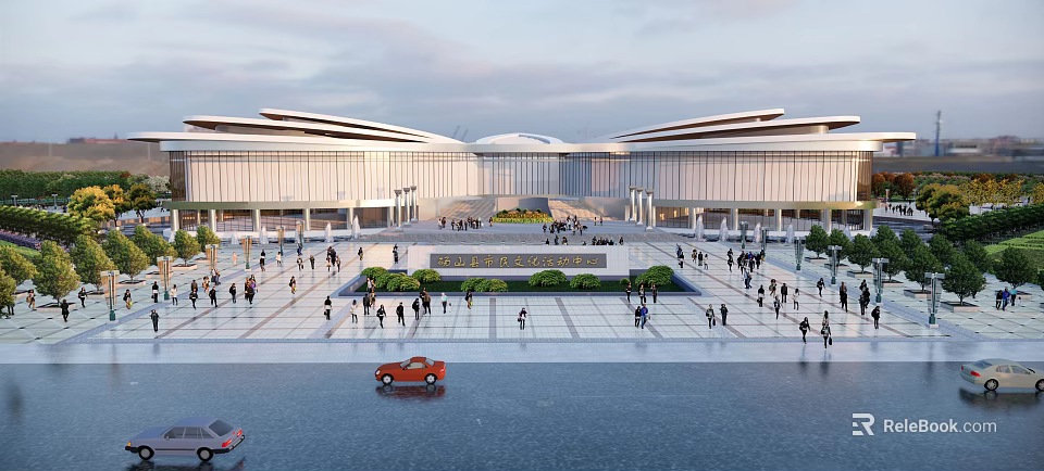 Modern Large Building With Curved Roof Spacious Plaza Waterfront Red Car And Crowd Gathering 3d model 
