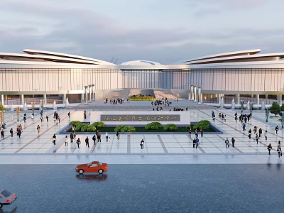 Modern Large Building With Curved Roof Spacious Plaza Waterfront Red Car And Crowd Gathering 3d model