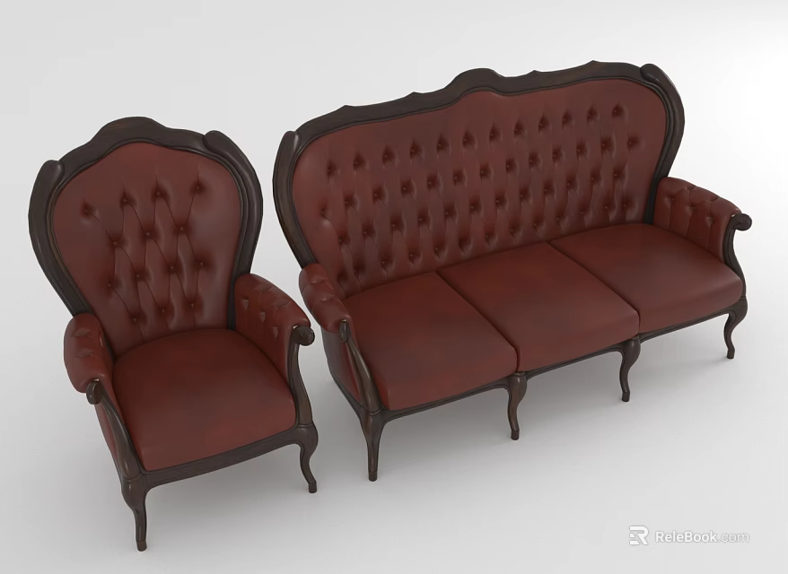 Vintage Leather Sofa Set With Button Tufted Design Dark Wooden Frame And Armrests 3d model 