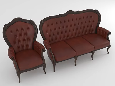 Vintage Leather Sofa Set With Button Tufted Design Dark Wooden Frame And Armrests 3d model