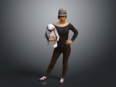 Woman Wearing Hat And Black Top Holding White Rabbit Doll Posing Confidently 3d model