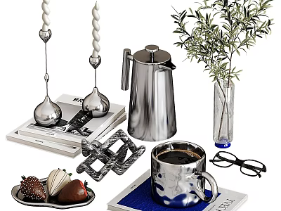 Decorative Ornament Set With Silver Candle Holders Metal Coffee Pot And Green Plant 3d model