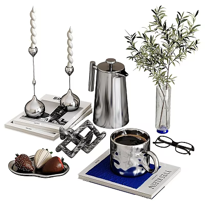 Decorative Ornament Set With Silver Candle Holders Metal Coffee Pot And Green Plant 3d model