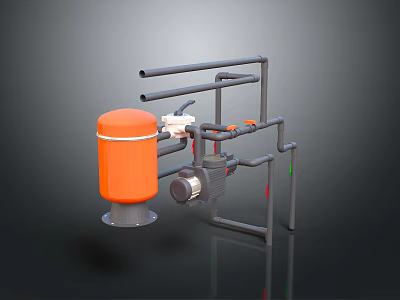 Industrial Fluid Handling System With Orange Tank Gray Pipes And Motor Pump 3d model