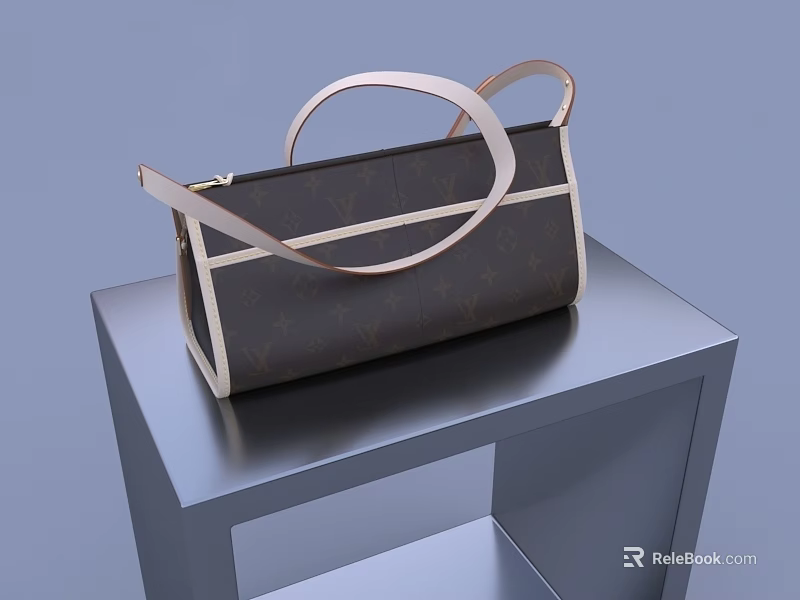 Stylish Dark Brown Handbag With Beige Decorative Stripes And Handles On Gray Table 3d model 