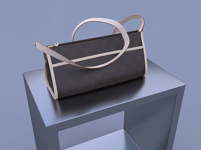 Stylish Dark Brown Handbag With Beige Decorative Stripes And Handles On Gray Table 3d model