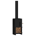 Black Metal Fireplace With Tall Chimney And Firewood Storage Compartment