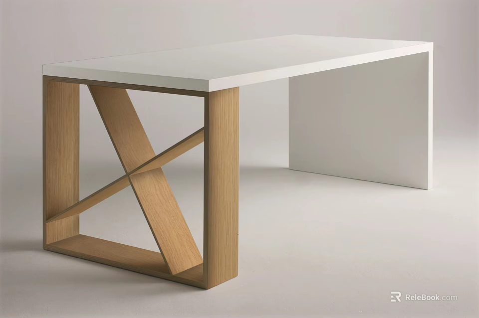 Modern Desk With White Tabletop And Wooden Crossed Legs Structure 3d model 