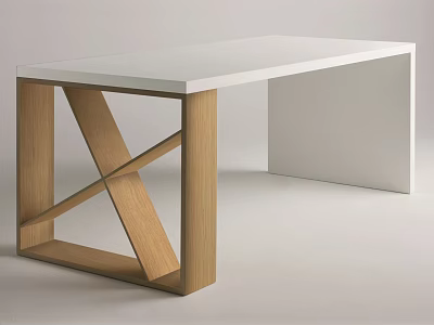 Modern Desk With White Tabletop And Wooden Crossed Legs Structure 3d model