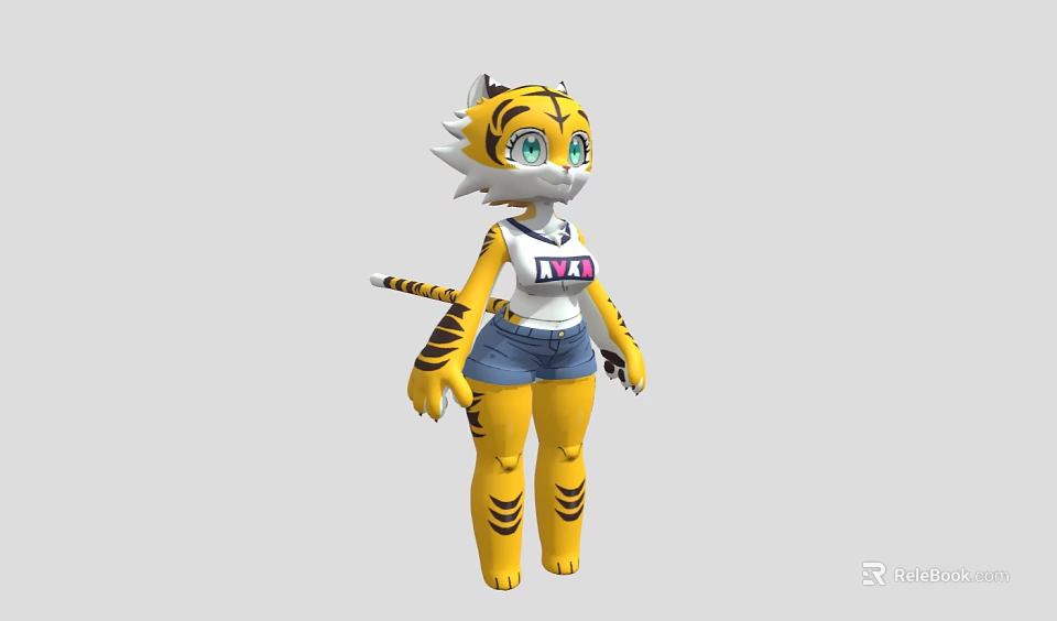 Tiger Themed Woman in White Top With MA Lettering And Blue Denim Shorts Standing Pose 3d model 