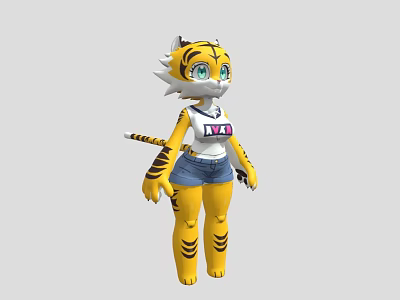 Tiger Themed Woman in White Top With MA Lettering And Blue Denim Shorts Standing Pose 3d model