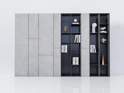Modern Bookcase Interior Design With Gray Dark Panels Open Shelves And Decorative Sculptures 3d model