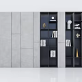 Modern Bookcase Interior Design With Gray Dark Panels Open Shelves And Decorative Sculptures