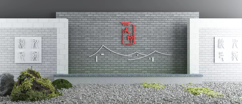 Gray Brick Feature Wall With Red Tianhe Sign And White Roof Line Design 3d model 