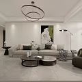 Bright Modern Living And Dining Room Interior With Full TV Wall And Round Coffee Tables