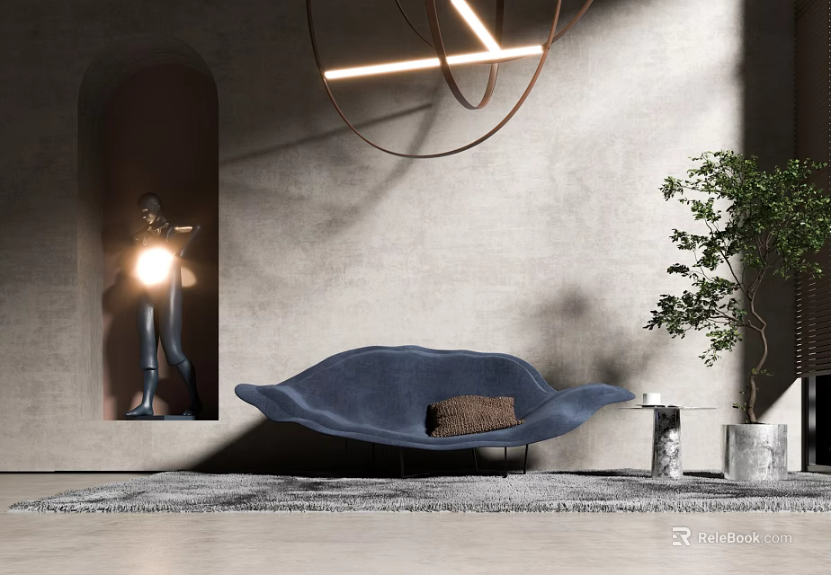 Blue Curved Single Sofa with Plush Design Potted Plant Hanging Light and Sculpture 3d model 
