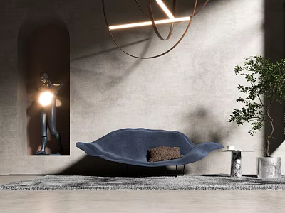 Blue Curved Single Sofa with Plush Design Potted Plant Hanging Light and Sculpture 3d model
