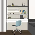 Modern Home Office Desk with White Floating Shelves Decorative Items and Light Blue Chair