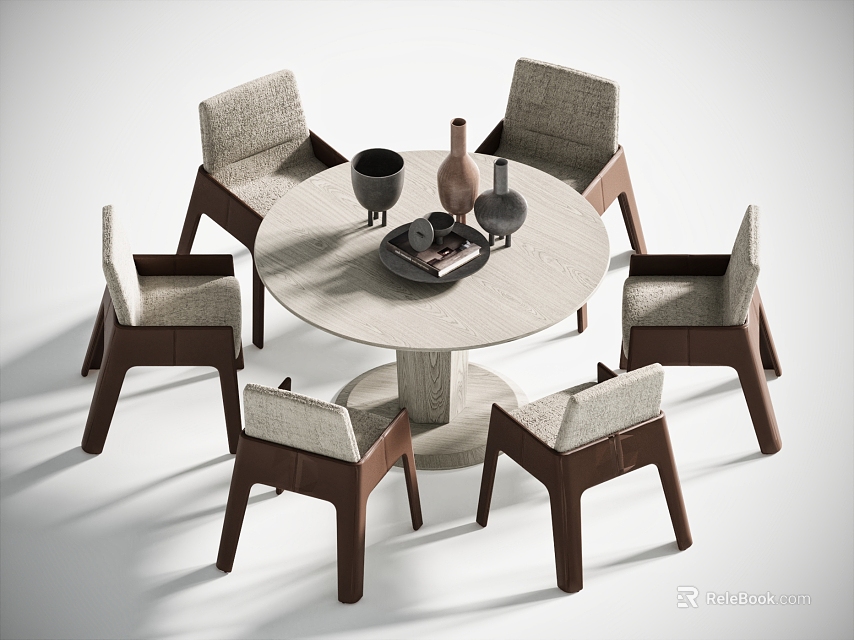 Modern Round Dining Table With Wooden Frame Chairs And Linen Upholstery With Vase And Cups 3d model 