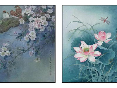 Detailed Botanical Paintings Featuring Cherry Blossoms Birds Lotus Flowers and Dragonflies 3d model