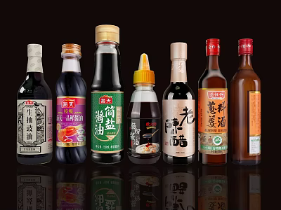 Various Condiment Bottles with Colorful Labels Displayed in Kitchen Seasoning Collection 3d model