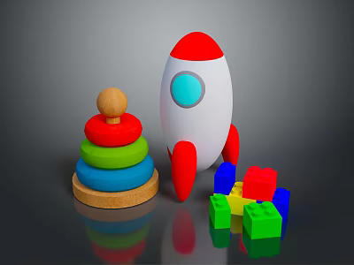 Colorful Children's Toys With Wooden Stacking Rings Rocket Shaped Toy And Plastic Building Blocks 3d model