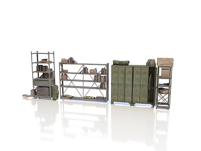 Industrial Metal Storage Racks With Green Cabinets And Stacked Items On Reflective Floor 3d model