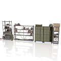 Industrial Metal Storage Racks With Green Cabinets And Stacked Items On Reflective Floor