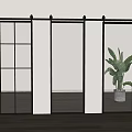 Modern Black Barn Door with Grid Ribbed Mirrored Panels White Wall Wooden Floor Green Plant