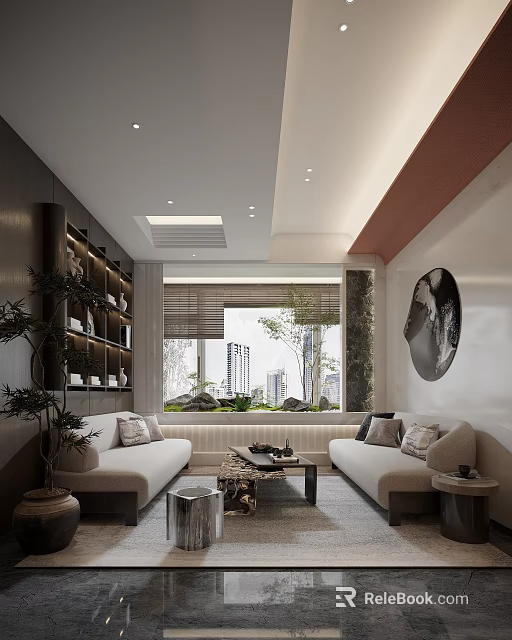 Modern Living Room Interior With Sofas Coffee Table Bookshelf Green Plants And City View Window 3d model 