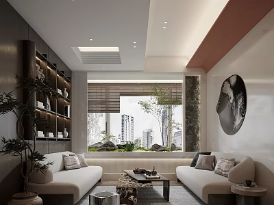 Modern Living Room Interior With Sofas Coffee Table Bookshelf Green Plants And City View Window 3d model