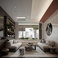 Modern Living Room Interior With Sofas Coffee Table Bookshelf Green Plants And City View Window