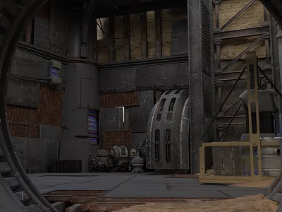 Industrial Scene Featuring Metal Structure Brick Wall Large Circular Device Ladder Pipes And Mechanical Parts 3d model