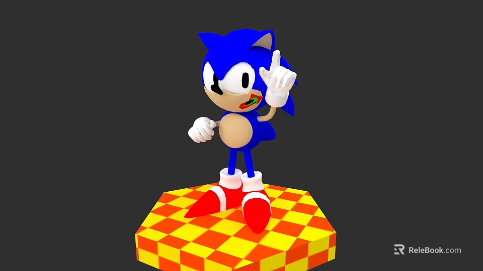 Sonic Blue Hedgehog Standing On Yellow Red Checkered Platform With Raised Right Hand Red Shoes 3d model 