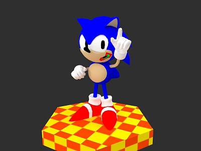 Sonic Blue Hedgehog Standing On Yellow Red Checkered Platform With Raised Right Hand Red Shoes 3d model