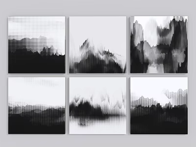 Modern Minimalist Black and White Ink Wash Wall Art with Mountain Silhouettes and Grid Patterns 3d model