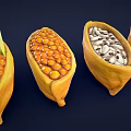 Five Yellow Pod Containers Filled With Various Beans And Green Leaf On Left