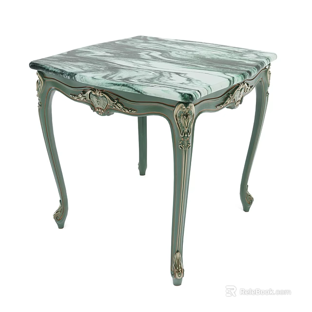 Light Green Coffee Table With Marble Top And Carved Gold Accent Legs 3d model 