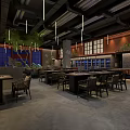 Warm Restaurant Interior With Red Brick Walls Green Plants Pendant Lights And Wooden Decor