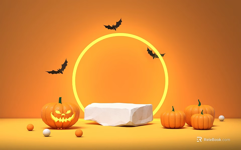 Halloween Themed Commercial Display Stand with Pumpkins Bats and Yellow Circle on Orange Background 3d model 